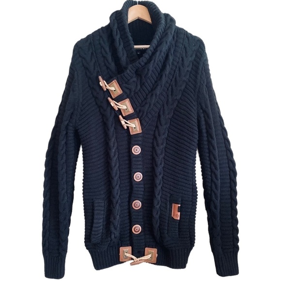 MAKOBI Men’s Shawl Collar Wool Blend Chunky Cable knit Sweater Size M Streetwear